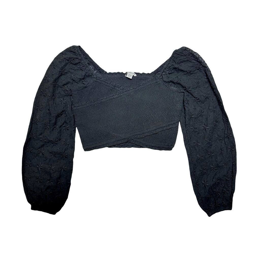 American Eagle Black Smocked Crop Top W/ Embroidered Puff Sleeves Size Small